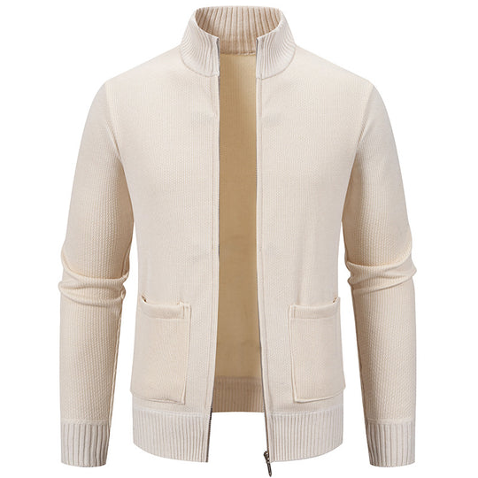 Herren nan feinstrukturierter Reißverschluss-Strickcardigan mit Stehkragen und aufgesetzten Taschen EB