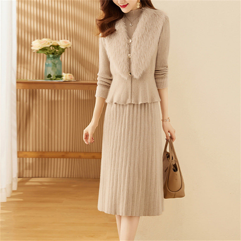 Damen elegantes Strickset mit hochwertigem Fellkragen und modischer Rippstruktur EB