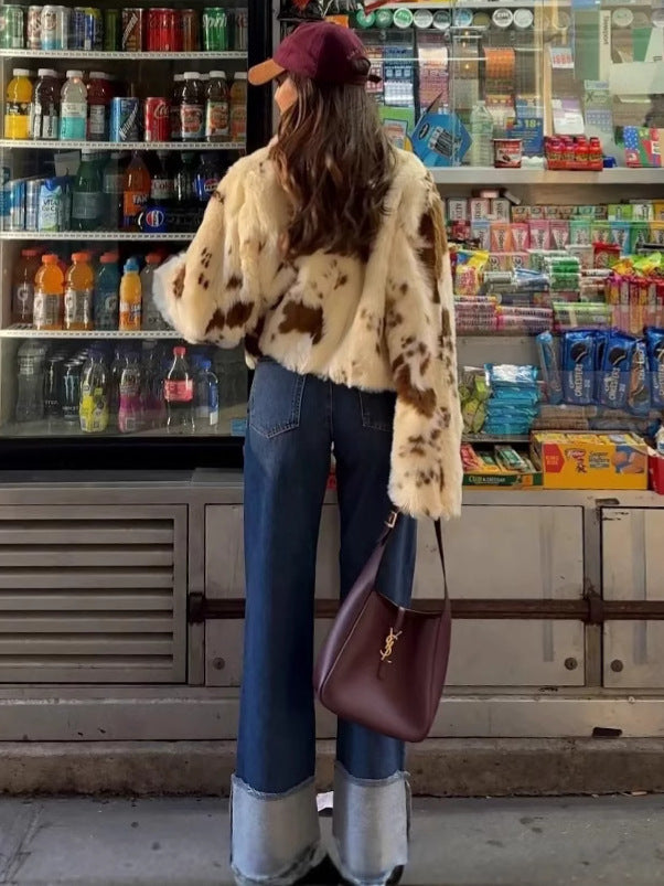 Damen modische Kurzjacke aus Kunstpelz mit einzigartigem Tiermotiv EB