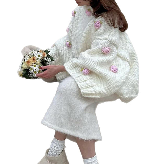 Damen nan Oversize-Strickpullover mit 3D-Blütenapplikationen und weiten Trompetenärmeln EB