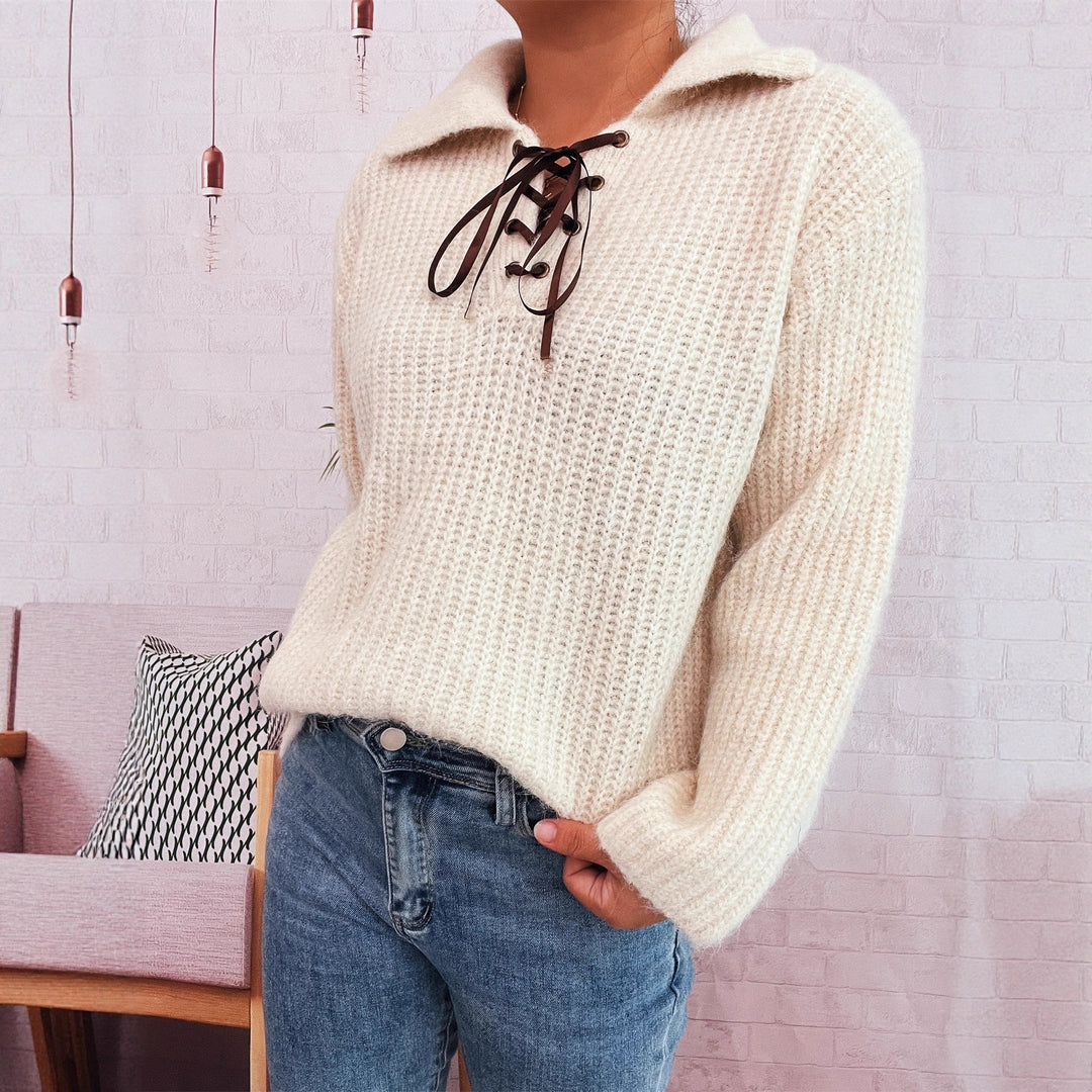 Damen lässiger Strickpullover mit dekorativem Schnürdetail und breiten Ärmel EB