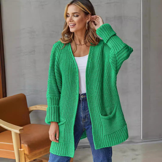 Damen gestrickter Cardigan mit großzügigen Taschen und strukturiertem Design EB