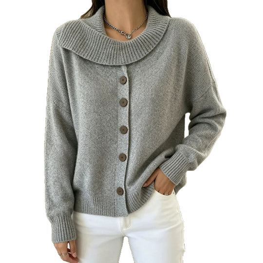 Damen Kuscheliger Knopf-Cardigan mit breitem Rollkragen und gerippten Bündchen EB