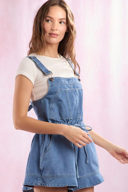 Damen Jeans-Latzkleid mit verstellbaren Trägern und praktischem Kordelzug EB