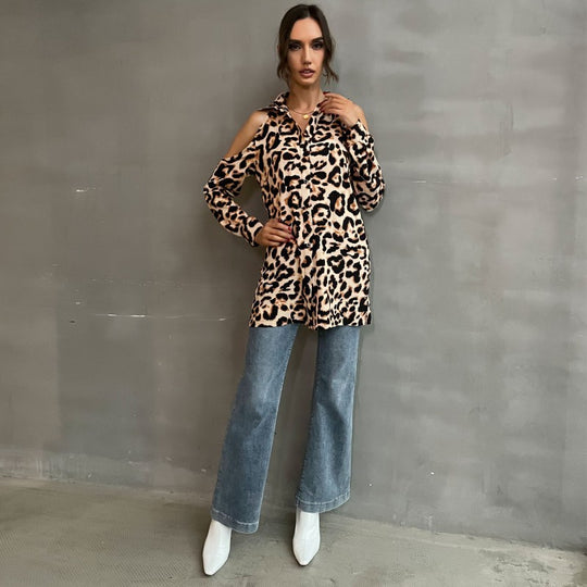Damen Bluse mit offenen Schultern und Leopardenmuster EB