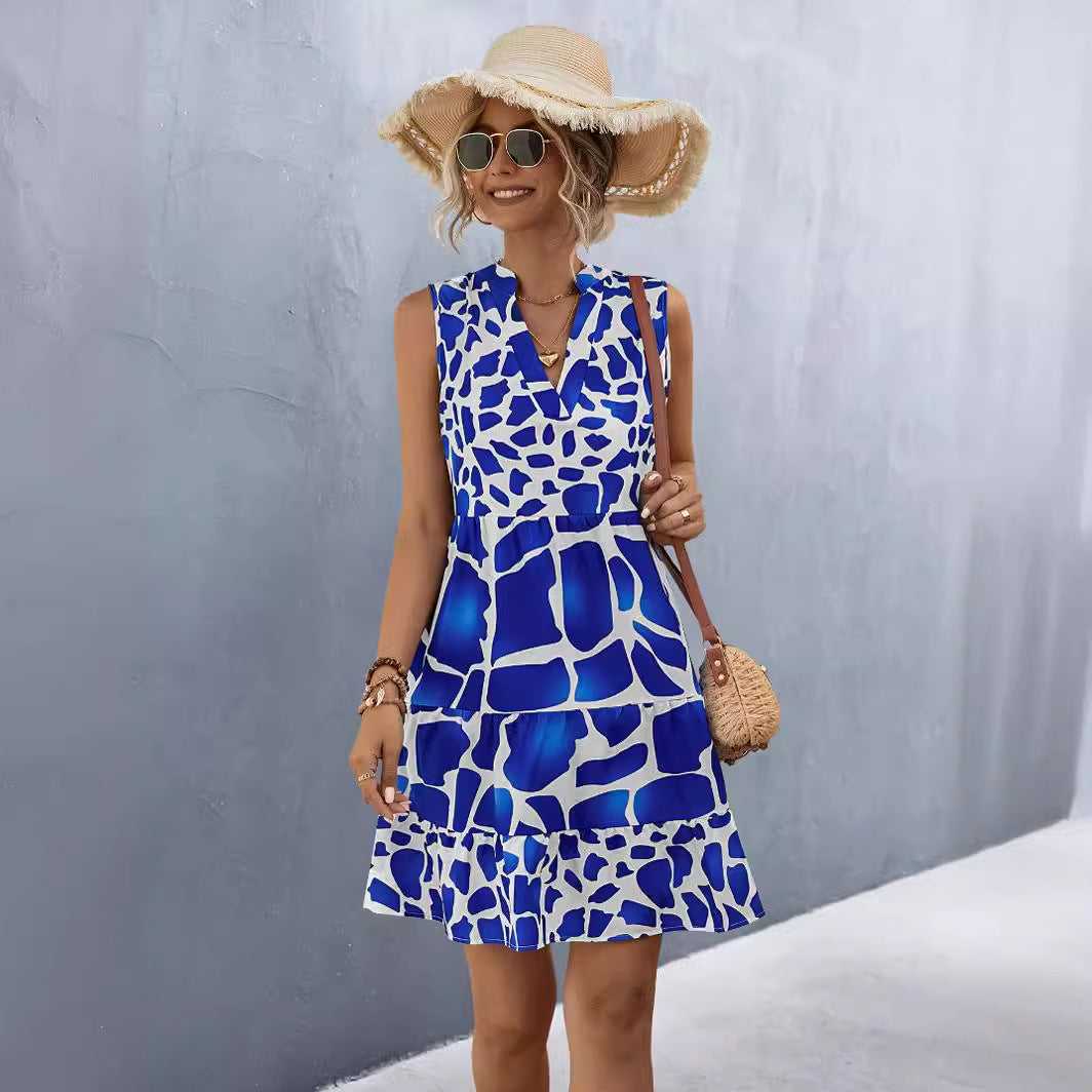 Damen Sommerkleid mit V-Ausschnitt und voluminösem Rock EB