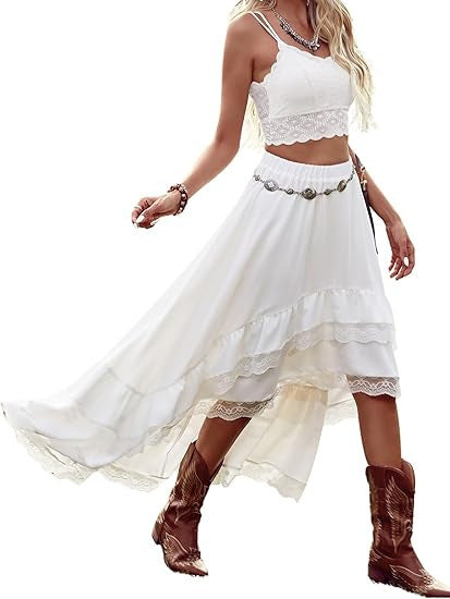 Damen Boho Maxi-Rock mit asymmetrischem Saum und Spitzenverzierungen EB