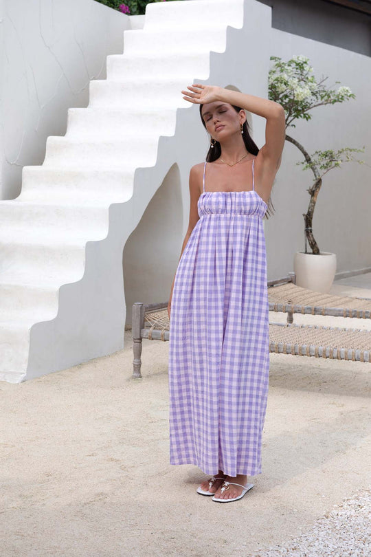 Damen Maxikleid mit Kariertem Muster und Elastischem Oberteil EB