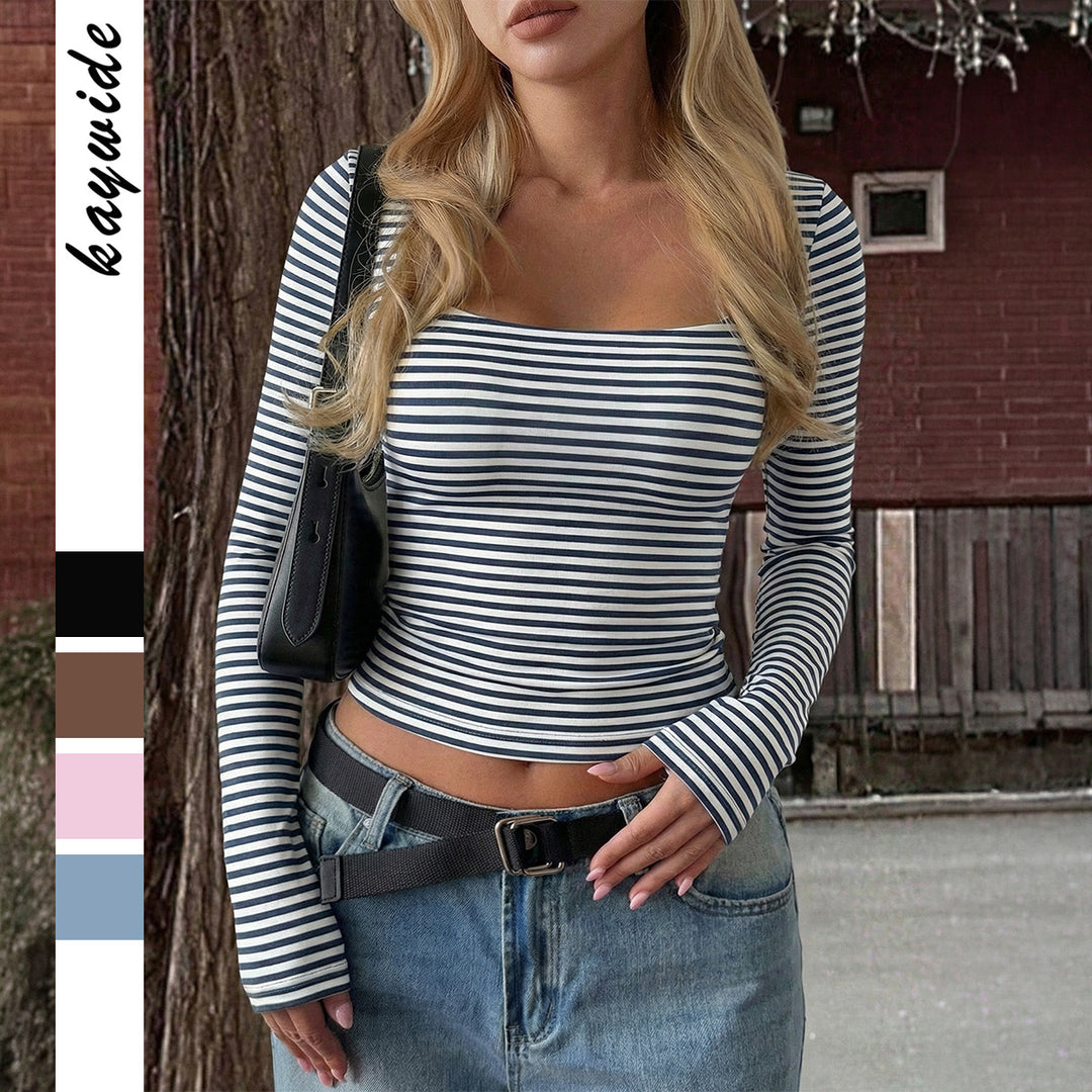 Damen nan gestreiftes tailliertes Langarm-Cropped-Shirt aus Baumwollstretch EB