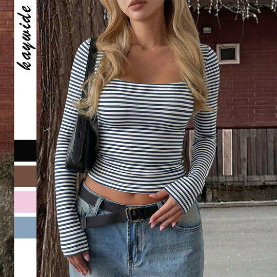 Damen nan gestreiftes tailliertes Langarm-Cropped-Shirt aus Baumwollstretch EB