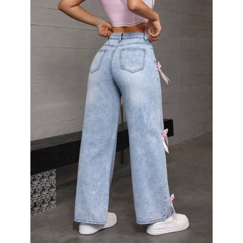 Damen Weite Jeans mit dekorativen Schleifen-Details EB