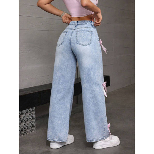 Damen Weite Jeans mit dekorativen Schleifen-Details EB