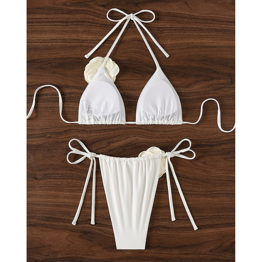 Damen Triangel-Bikini mit geflochtenem Rüschendesign und Blütendetail EB