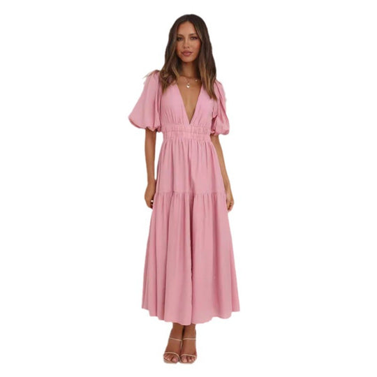 Damen Midi-Kleid mit Puffärmeln und tiefem V-Ausschnitt EB