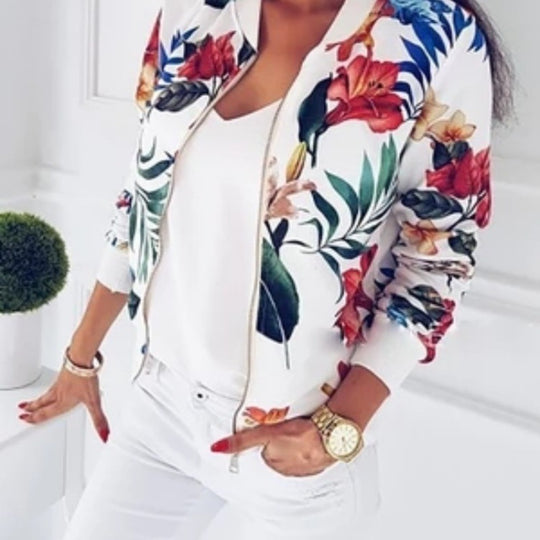 Damen Blousonjacke mit floralem Allover-Print, Reißverschluss und Rippbündchen EB