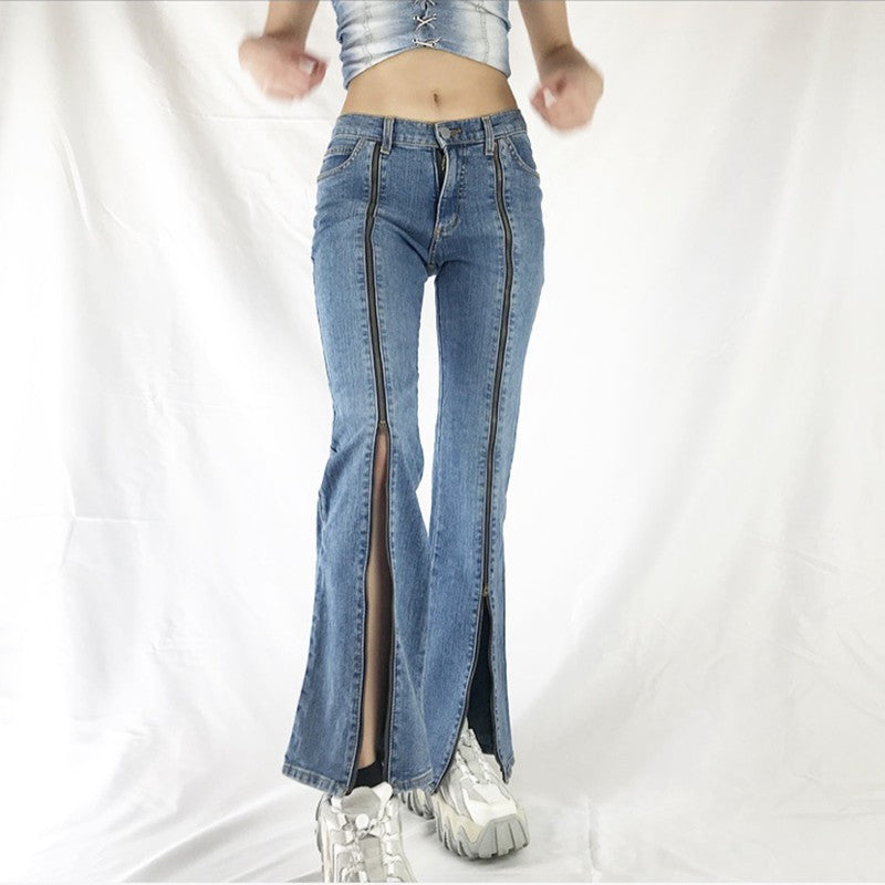 Damen nan Jeanshose mit durchgehenden Front-Reißverschlüssen, hoher vorderer Beinöffnung und ausgestelltem Schlag EB