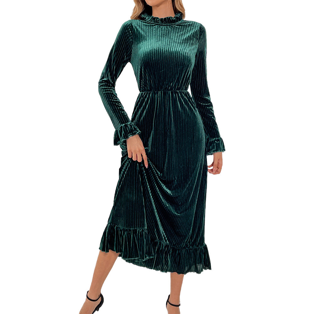 Damen Midikleid aus plissiertem Samt mit Stehkragen geraffter Taille und Volant-Saum Eichborn Berlin