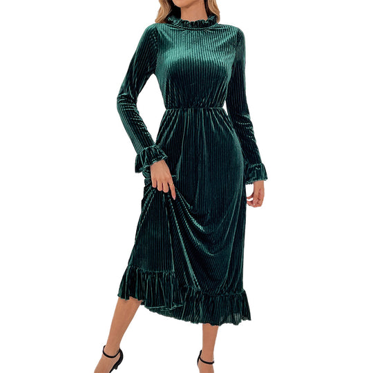 Damen Midikleid aus plissiertem Samt mit Stehkragen geraffter Taille und Volant-Saum Eichborn Berlin