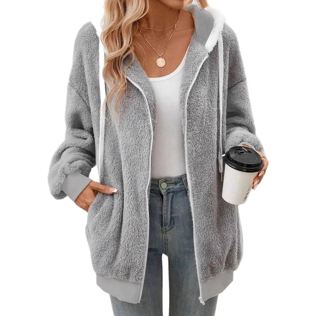 Damen Kuschelige Teddy-Fleece-Kapuzenjacke mit Reißverschluss und Oversized-Schnitt EB