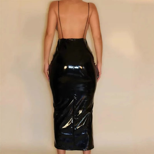 Damen Hochwetiges Lack-Midi-Kleid mit verführerischem V-Ausschnitt und Taillierung EB