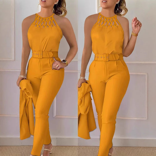 Damen Eleganter Jumpsuit mit schickem Gürtel und raffiniertem Cut-Out EB