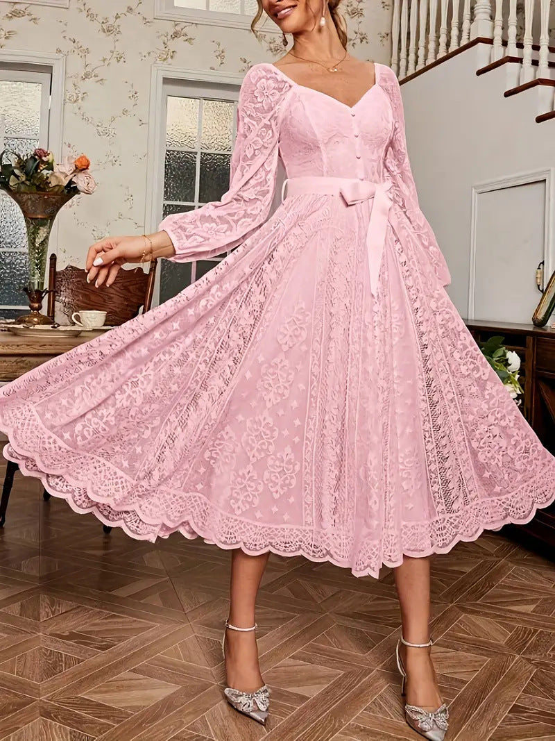 Damen Elegantes Spitze Midi-Kleid mit puffärmel und Taillenbindung EB