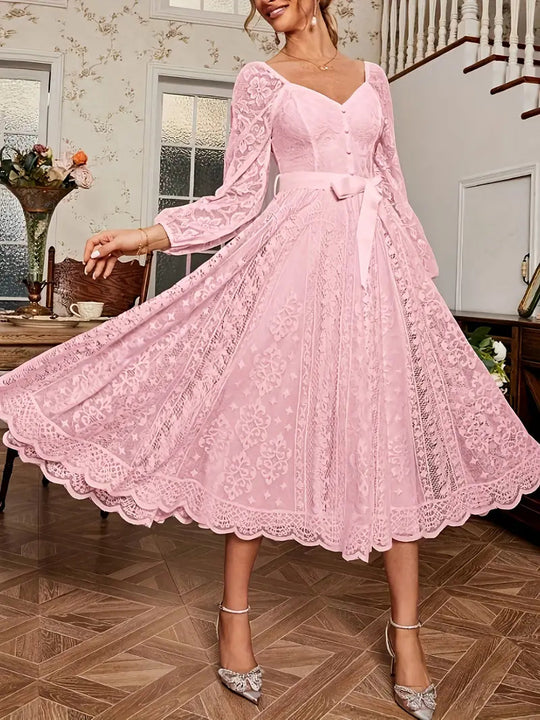 Damen Elegantes Spitze Midi-Kleid mit puffärmel und Taillenbindung EB