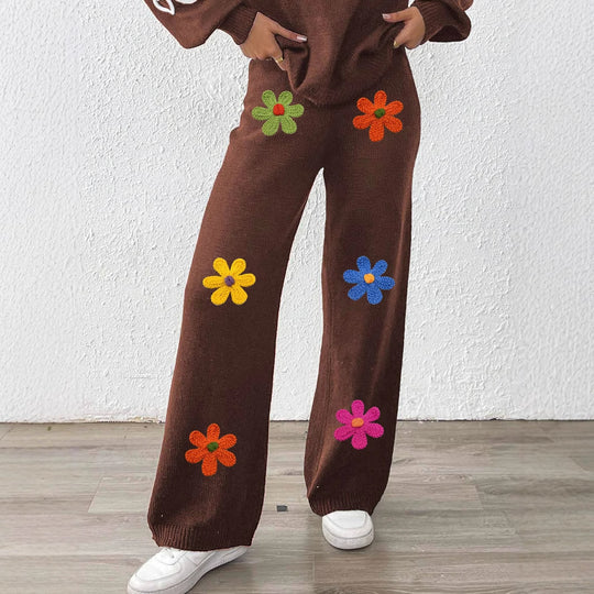 Damen lässige Strickhose mit bunten Blumenapplikationen EB