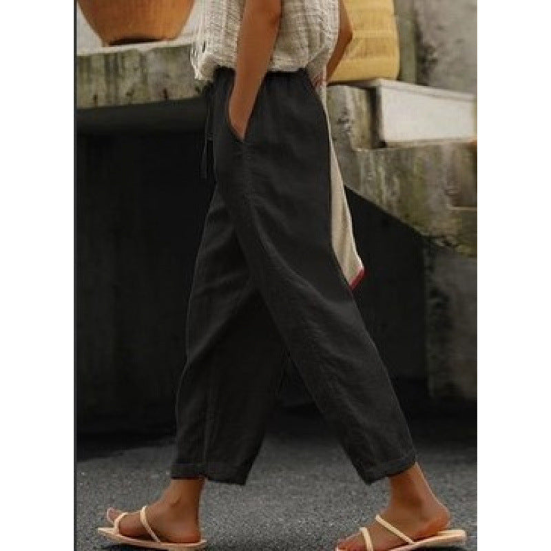 Damen lässige Leinenhose mit elastischem Bund und seitlichen Taschen EB