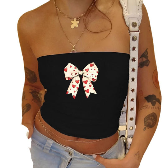 Damen Bandeau-Top mit romantischem Herzmotiv und Schleifendruck EB
