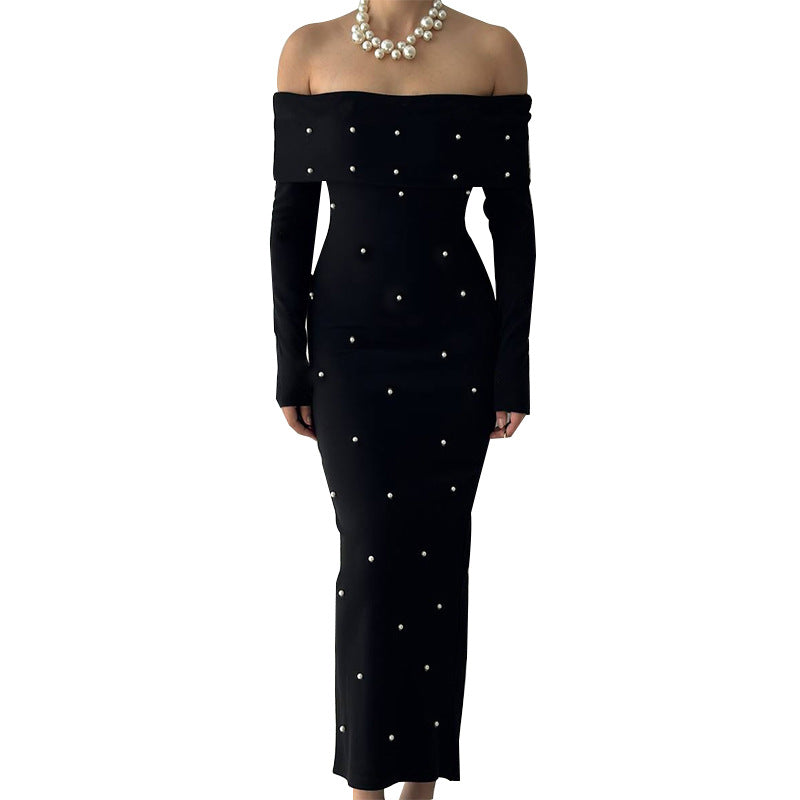 Damen schulterfreies Maxikleid mit eleganter Perlenverzierung und figurbetontem Schnitt EB