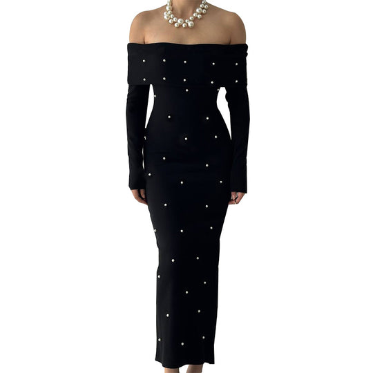 Damen schulterfreies Maxikleid mit eleganter Perlenverzierung und figurbetontem Schnitt EB
