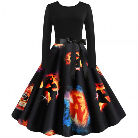 Damen Vintage-inspiriertes A-Linien-Kleid mit Kürbis-Print und Taillenschleife EB