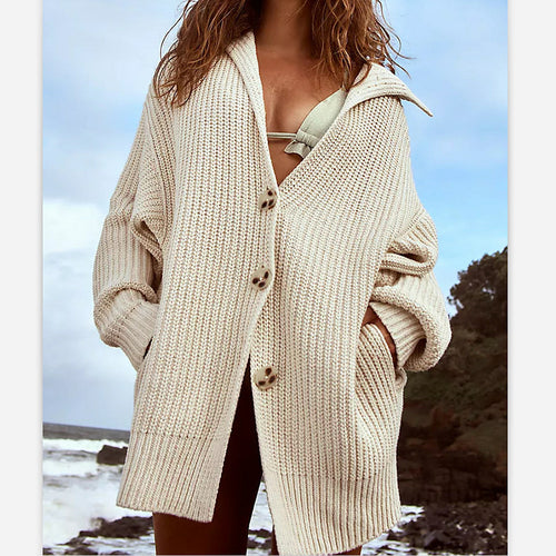 Damen Grobstrickjacke mit Kapuze und großen Taschen EB
