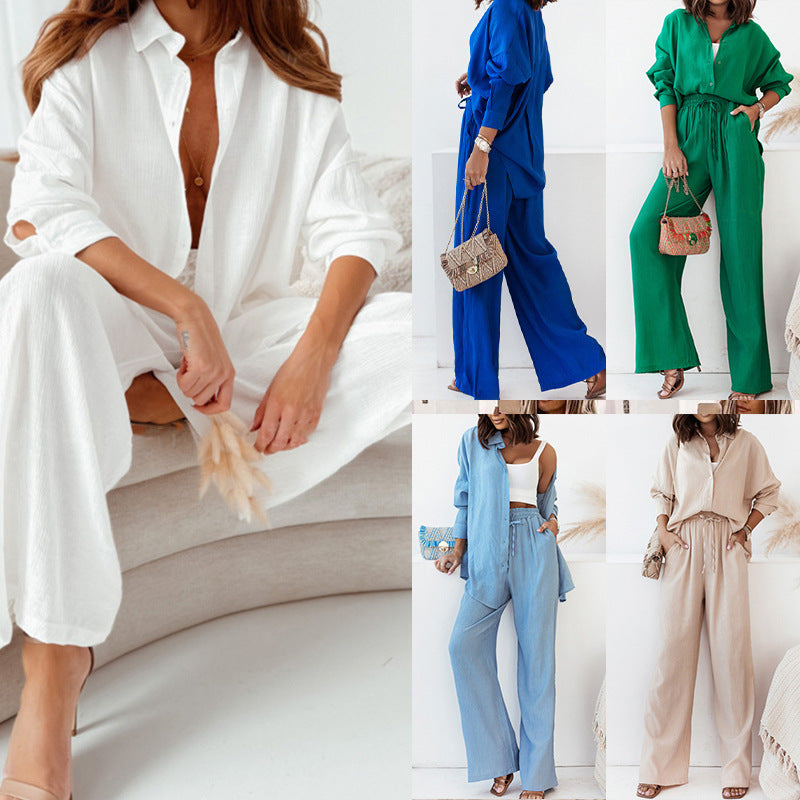 Damen lässiges Zweiteiliges Set mit lockerer Bluse und weiten Hosen aus Leinen EB