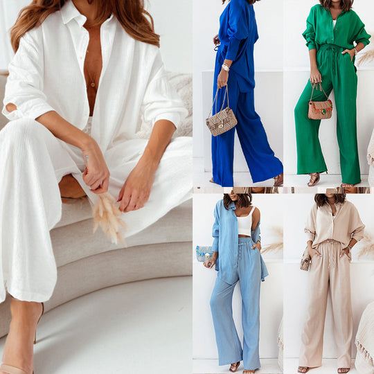 Damen lässiges Zweiteiliges Set mit lockerer Bluse und weiten Hosen aus Leinen EB