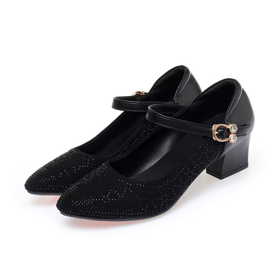 Damen Elegante Mary Jane Pumps mit funkelndem Strassbesatz und komfortablem Blockabsatz EB