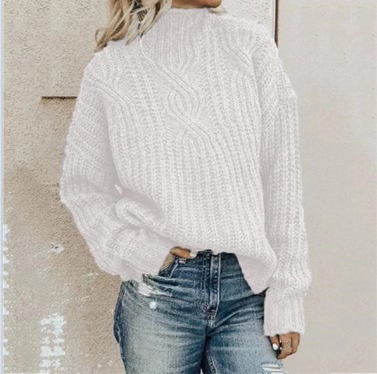 Damen Strickpullover mit hohem Kragen und Zopfmuster EB