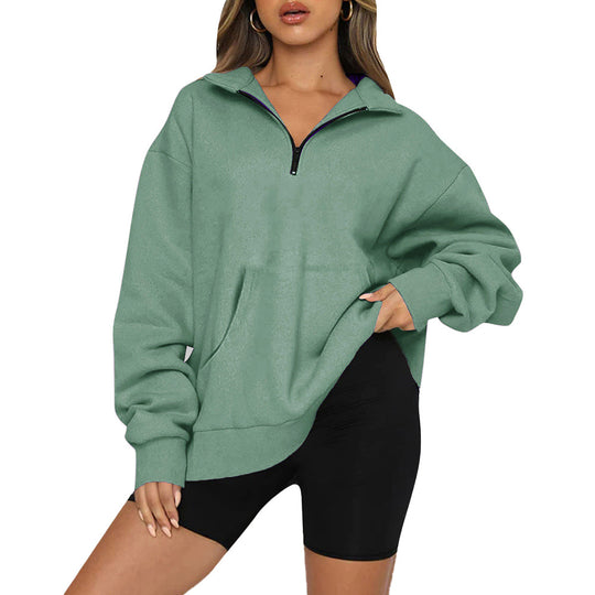 Damen nan Oversize-Halbzip-Kapuzenpullover mit Kängurutasche und verlängertem Saum EB