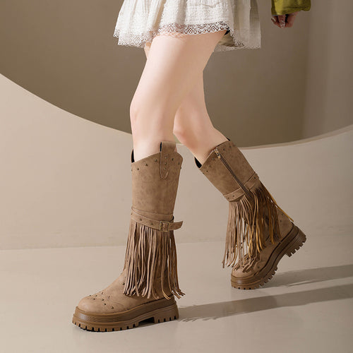 Damen Overknee-Stiefel mit modischem Fransen-Design und robustem Profil EB