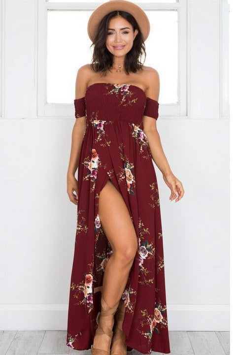 Damen Off-Shoulder Strandkleid mit floralem Muster und fließendem Schnitt EB