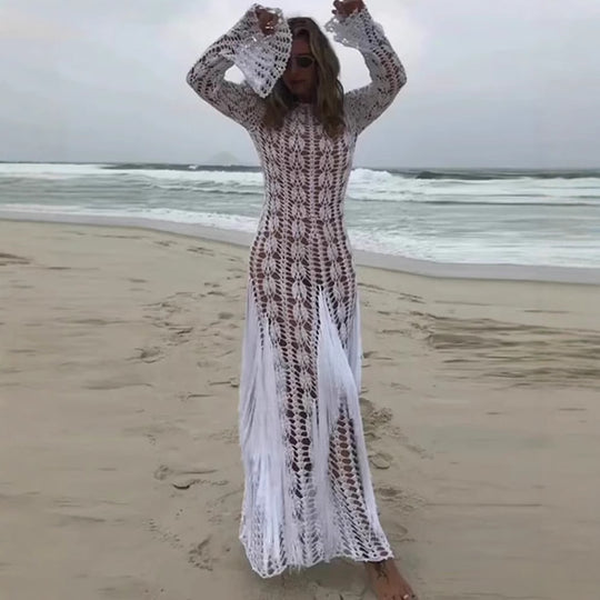 Damen Strick-Maxikleid mit eleganter Lochmusterung und längerem Schnitt EB