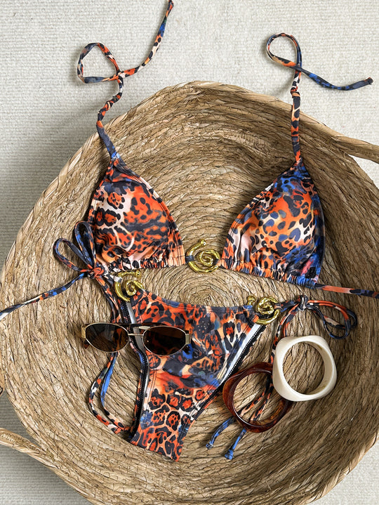 Damen Triangel-Bikini mit verstellbaren Trägern und animalischem Muster EB