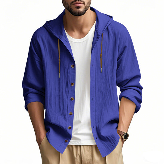Herren nan leichtes Kapuzenhemdjacke aus Leinenoptik mit durchgehender Knopfleiste EB