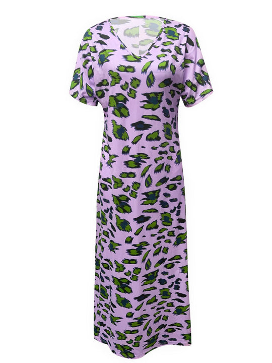 Damen Maxikleid mit V-Ausschnitt und modischem Tierdruck EB