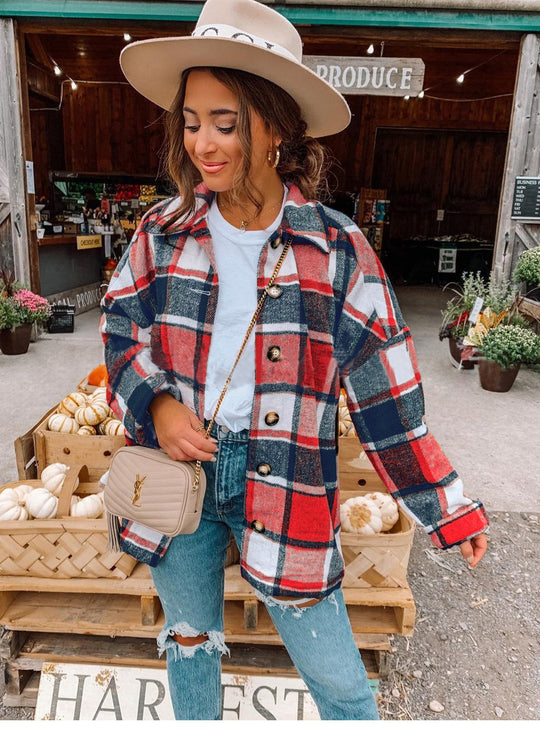 Damen lässige karierte Flanelljacke mit Knopfdetails EB