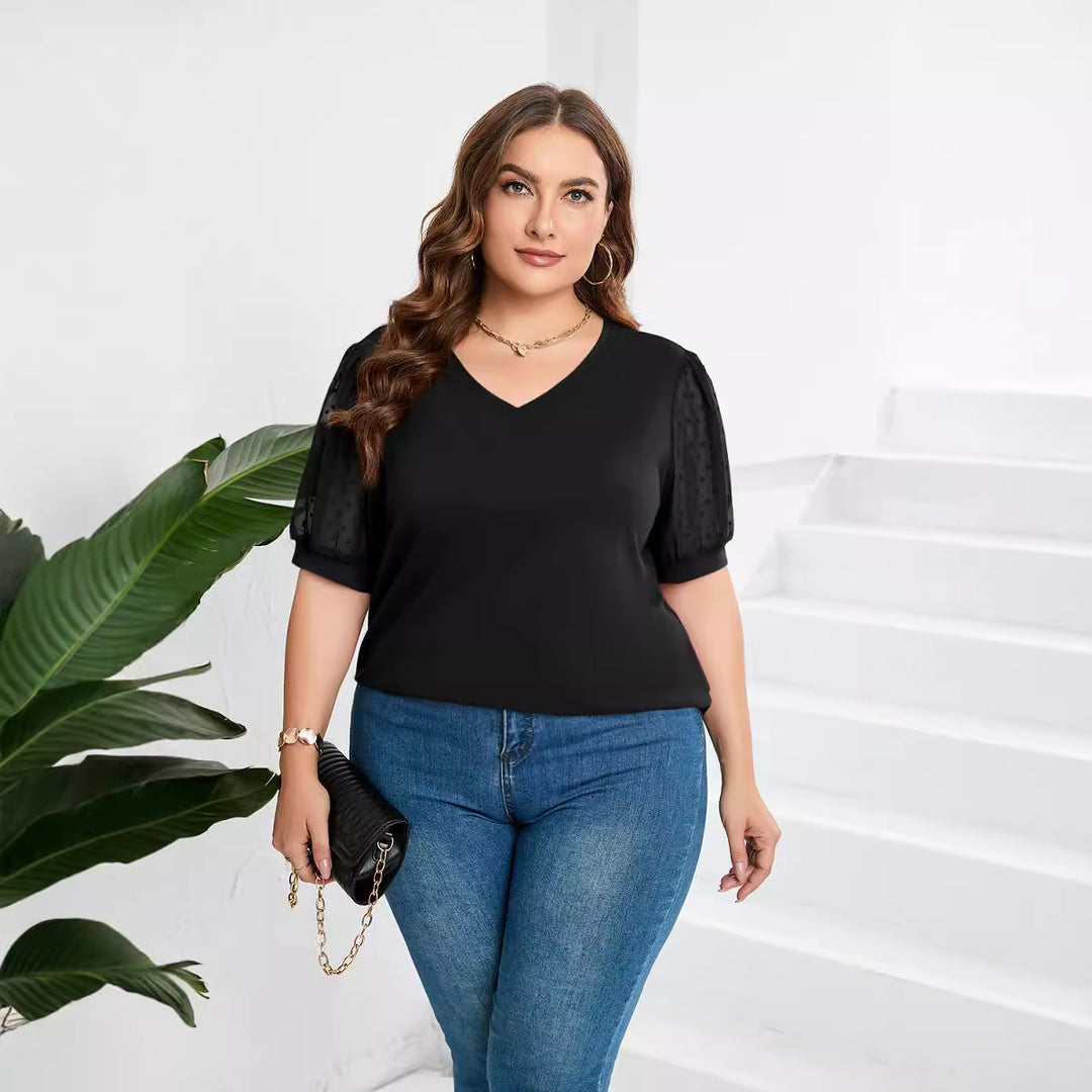 Damen elegantes Blusenshirt mit transparenten Puffärmeln und V-Ausschnitt EB