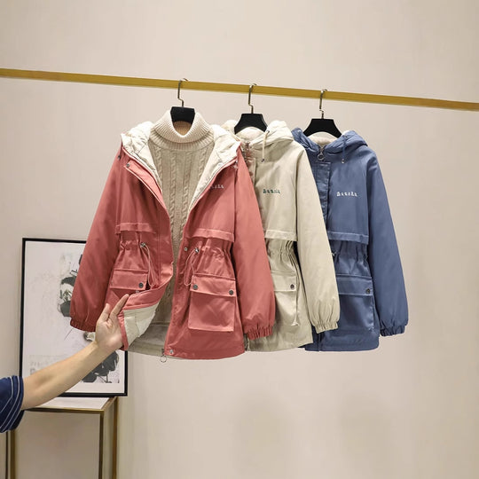 Damen gefütterte Parka-Jacke mit Kapuze und verstellbarem Taillenzug EB