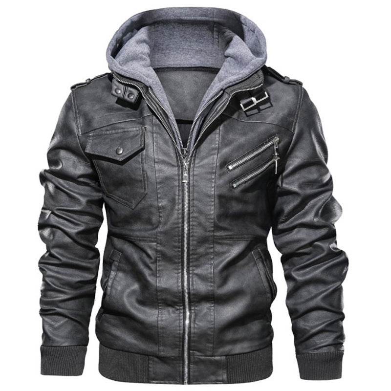 Herren lässige Kunstlederjacke mit abnehmbarer Kapuze und zahlreichen Taschen EB