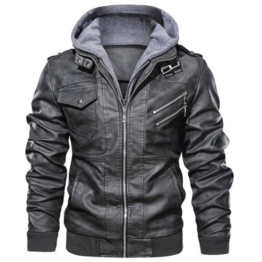Herren lässige Kunstlederjacke mit abnehmbarer Kapuze und zahlreichen Taschen EB